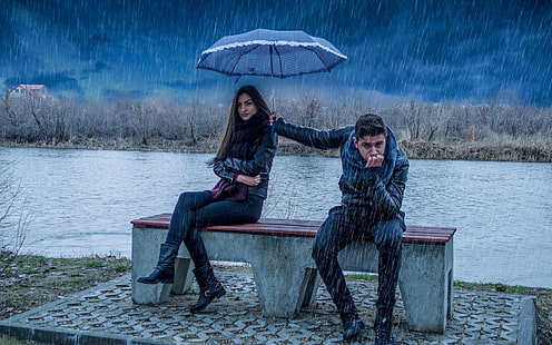 boy, couple, girl, it's, love, rain, umbrella, HD wallpaper HD wallpaper