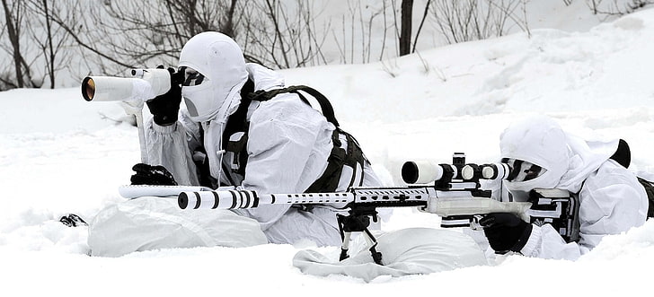 dois homens usando rifles com mira telescópica, militar, neve, atiradores de elite, forças armadas da República da Coréia, Coréia do Sul, Danny, DANNY HERNANDEZ, HD papel de parede