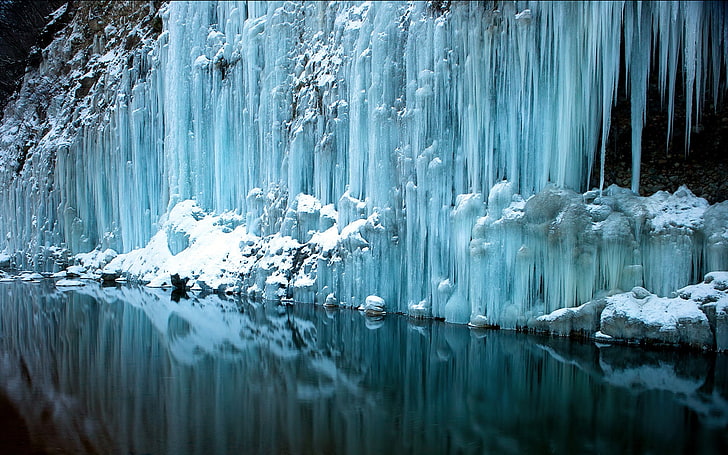 icicles, water, reflection, cold, snow, ice, HD wallpaper