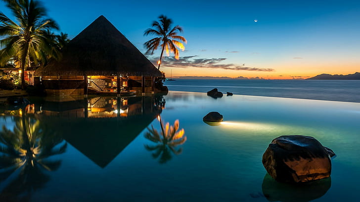 bungalow, palmiers, mer, pierres, coucher de soleil, horizon, Fond d'écran HD