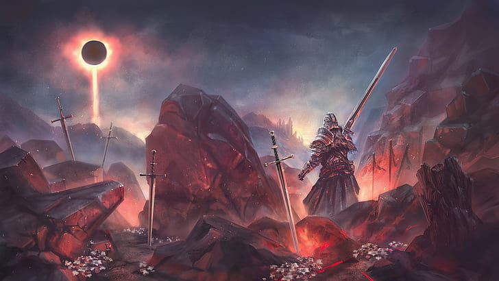 произведения искусства, фэнтези, меч, рыцарь, небо, Dark Souls III, HD обои