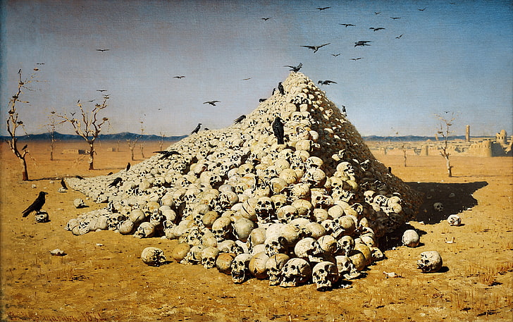 lotto di teschi, disegno, pittura, deserto, morte, Vasily Vereshchagin, The Apotheosis of War, arte classica, Sfondo HD