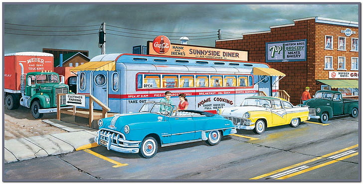 Days Gone By, 50-an, toko kelontong, mobil, diner, klasik, Wallpaper HD