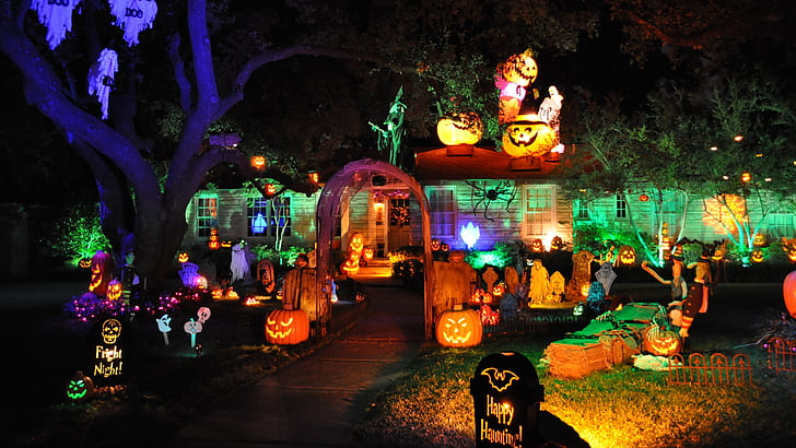 lighting, halloween, halloween decoration, night, tradition, event, decor, garden, holiday, festival, HD wallpaper