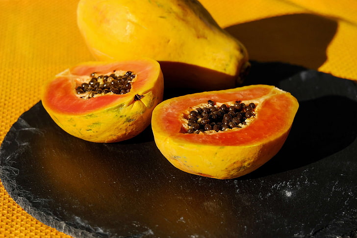 schneiden, halbieren, essen, Obst, Papaya, Vitamine, HD-Hintergrundbild