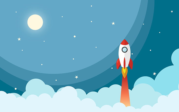 ilustrasi roket putih dan merah, Rocket, Moon, Stars, Clouds, Space, Illustration, Wallpaper HD