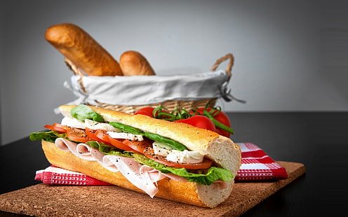 овощной сэндвич, еда, моцарелла, помидоры, салат, хлеб, HD обои HD wallpaper