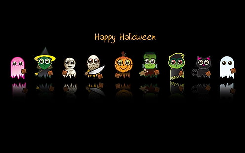 Personaggi di Happy Halloween, happy halloween, Halloween spettrale, zucca funky, coltello, decorazioni di halloween, Sfondo HD HD wallpaper