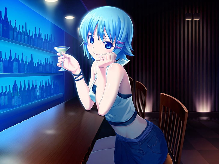 голубоволосая женщина в баре обои, аниме, девушка, бар, стекло, аллгол, веселье, HD обои
