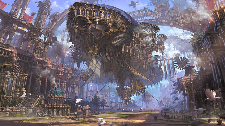 brown and blue boat illustration, cartoon movie scene, ship, ruin, airships, steampunk, futuristic, city, fantasy art, steampunk airship, HD wallpaper