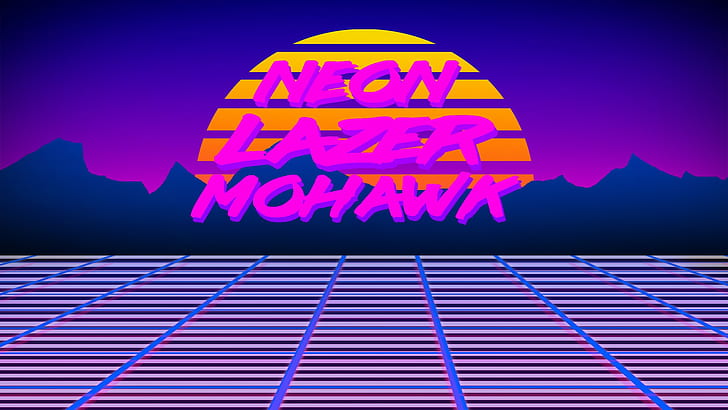 Neon Lazer Mohawk, 1980er Jahre, Retro-Spiele, Roboter, Gitter, digitale Kunst, Sonnenuntergang, Sonne, bunt, Text, HD-Hintergrundbild
