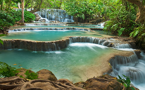 Kuang Si Falls Waterfall In Laos Landscape Hd Wallpaper 3840 × 2400, HD tapet HD wallpaper