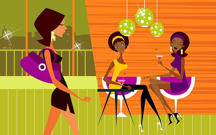 women's purple shoulder bag illustration, girls, cafe, table, entertainment, bar, HD wallpaper