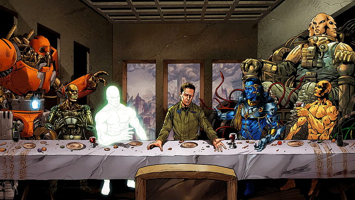 Supergod Last Supper, cartoon character sitting down painting, digital art, 1920x1080, last supper, supergod, morrigan lugus, jerry craven, maitreya, malak, krishna, HD wallpaper