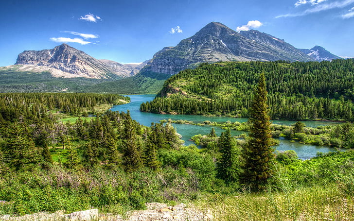 Montana, USA, park, trees, mountains, river, clouds, Montana, USA, Park, Trees, Mountains, River, Clouds, HD wallpaper