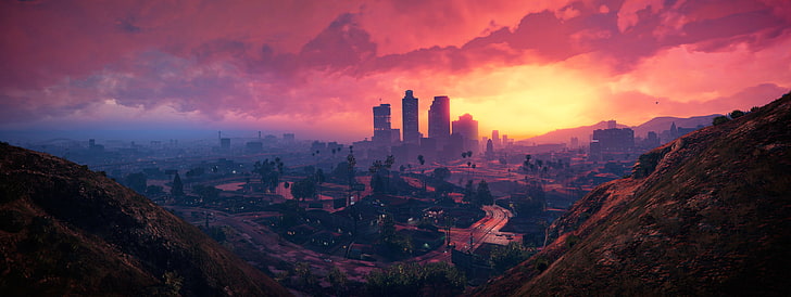 4 km, Grand Theft Auto V, Los Santos, coucher de soleil, Fond d'écran HD