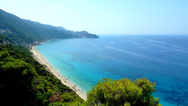 Greece, Lefkada, cyan, beach, horizon, sea, water, waves, landscape, sunlight, haze, nature, coast, rocks, green, HD wallpaper