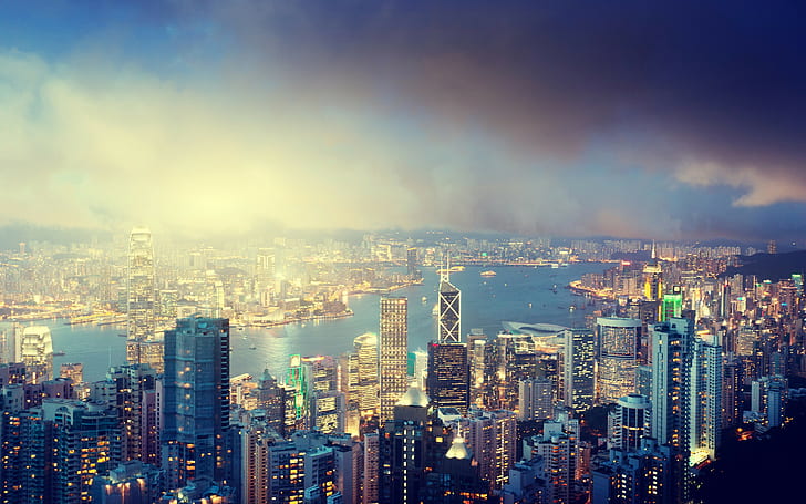 Hong, Kong, island, Victoria Peak, Hong, Kong, island, Victoria Peak, Night, lights, Buildings, river, sky, clouds, city, HD wallpaper