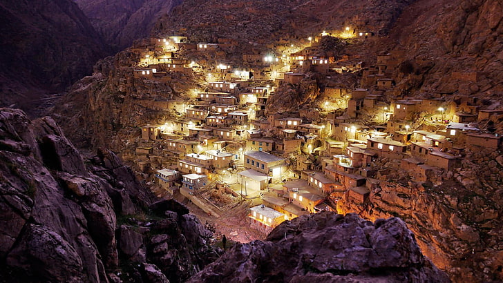 iran, villaggio, architettura, kurdistan, palangan, asia, montagna, cielo, storia, notte, storico, turismo, roccia, paesaggio, sera, Sfondo HD