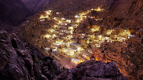 iran, villaggio, architettura, kurdistan, palangan, asia, montagna, cielo, storia, notte, storico, turismo, roccia, paesaggio, sera, Sfondo HD HD wallpaper
