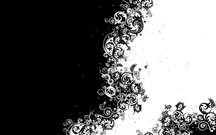 white and black floral illustration, pattern, black and white, HD wallpaper