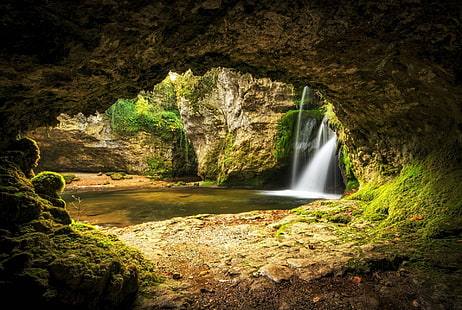 Grotte, grotte, lago, muschio, natura, roccia, cascata, Sfondo HD HD wallpaper