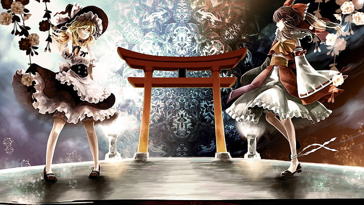 две женски аниме герои, стоящи на илюстрацията на светилището Ицукушима, Touhou, HD тапет