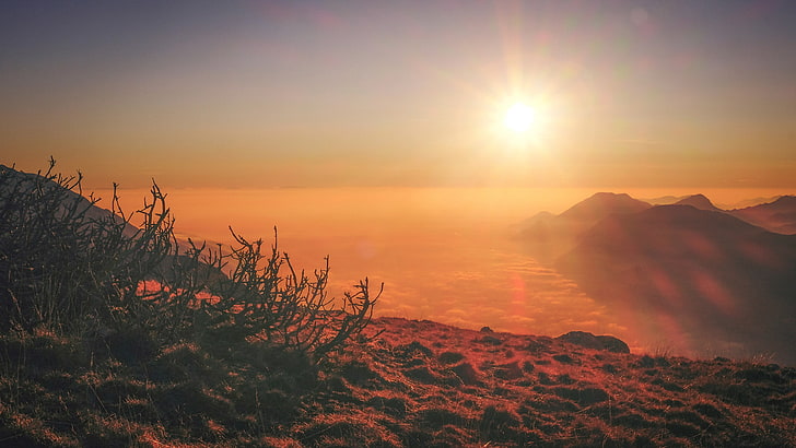 Berggipfel unter goldener Stunde, Fotografie, Landschaft, Sonnenuntergang, Lens Flare, HD-Hintergrundbild