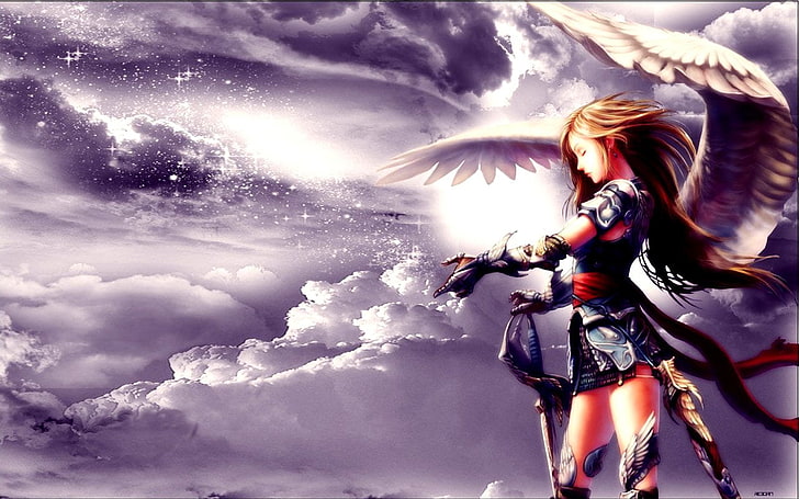 剣のキャラクターの壁紙、アニメ、天使を振り回す翼を持つ女性、 HDデスクトップの壁紙
