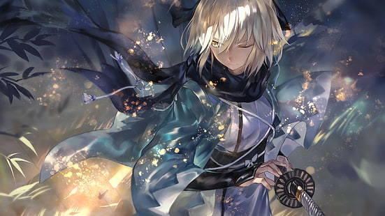 sword, white hair, short hair, Fate Series, Fate/Grand Order, azomo, Okita Souji, HD wallpaper HD wallpaper