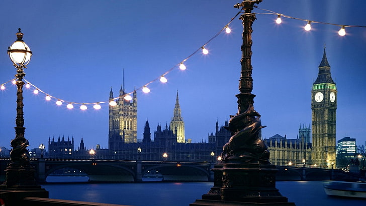 لندن ، المصباح الكهربائي ، تمثال ، جسر ، بيغ بن ، المملكة المتحدة ، نهر التايمز ، وستمنستر، خلفية HD