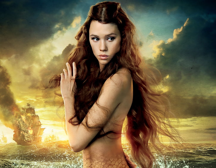 brown galleon ship illustration, sea, the sky, sunset, hair, ship, beauty, Pirates of the Caribbean, Astrid Berges-Frisbey, Mermaid, Syrena, Astrid Berger-Frisbee, On Stranger Tides, HD wallpaper