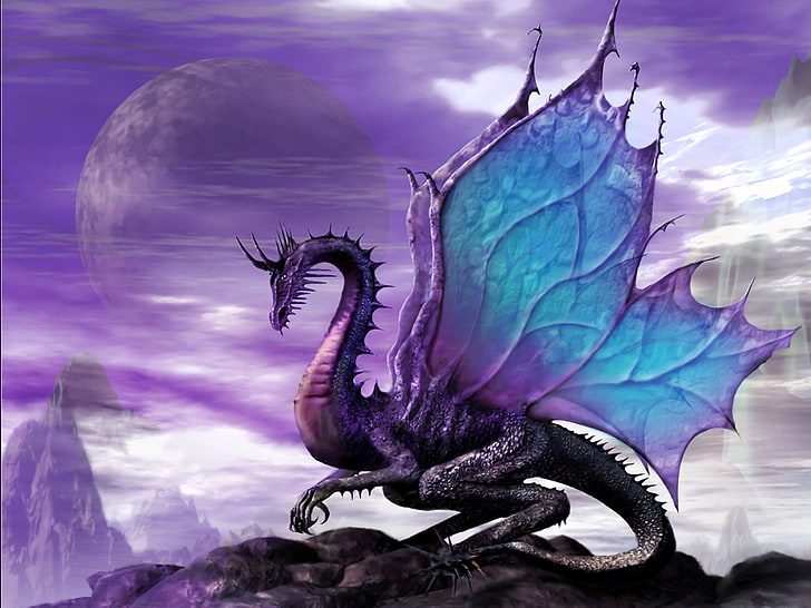 fond d'écran numérique wyrm à ailes bleues, Fantasy, Dragon, Purple, Fond d'écran HD