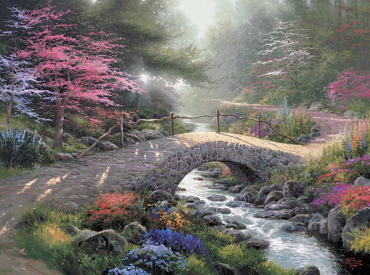 jembatan dan sungai wallpaper digital, hutan, cahaya, jembatan, alam, Taman, aliran, lukisan, sinar matahari, Thomas Kinkade, Kinkade, Bridge Of Faith, Wallpaper HD
