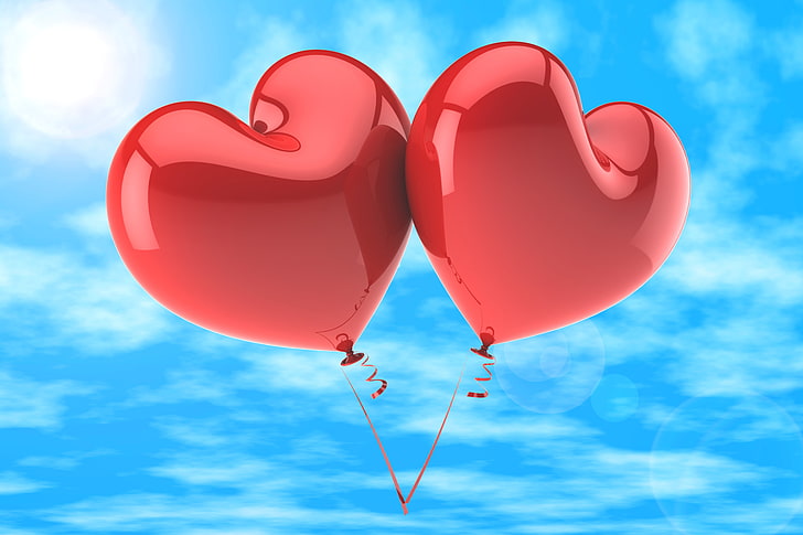 два сердечных воздушных шара, любовь, воздушные шары, сердца, счастливые, небо, сердце, романтика, HD обои