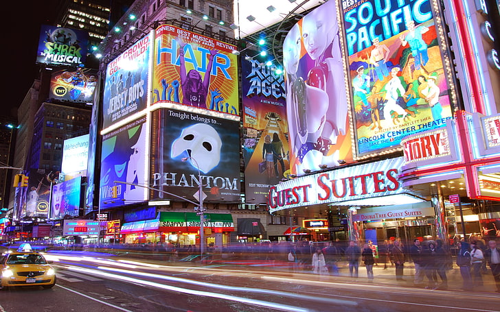 Табела за гости за гости, нощ, светлини, реклама, Ню Йорк, временен площад, HD тапет