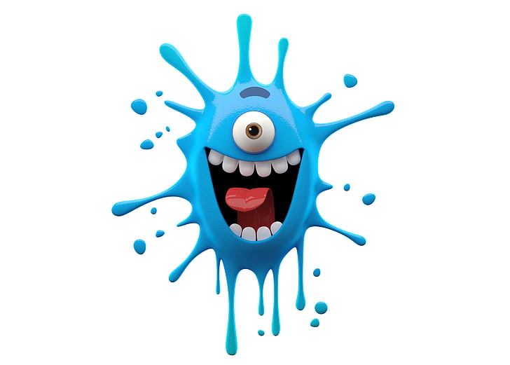 niebieski potwór clipart, niebieski potwór kropelka, jasny uśmiechnięty potwór na białym tle, niebieski potwór zmaza, Tapety HD