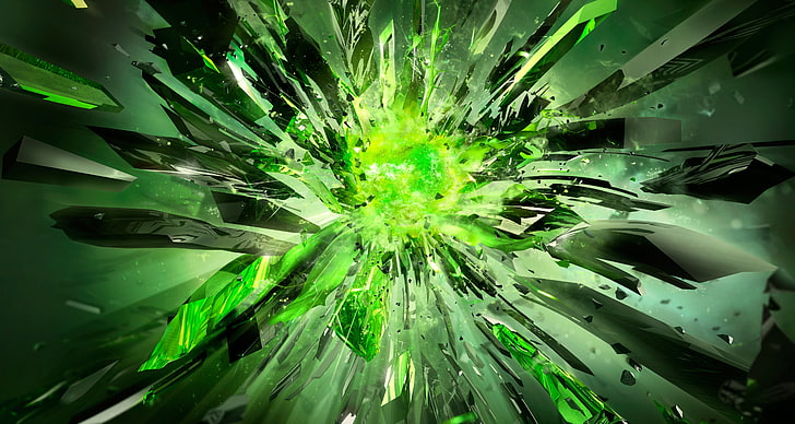зелени кристали илюстрация, кристали, отломки, експлозия, светлина, HD тапет