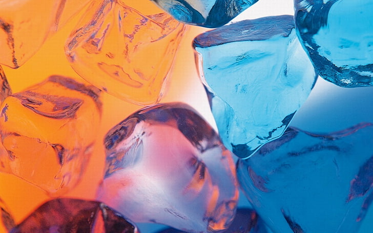 синий, красный и оранжевый лед подводные цифровые обои, макро, кубики, разноцвет, лед, HD обои