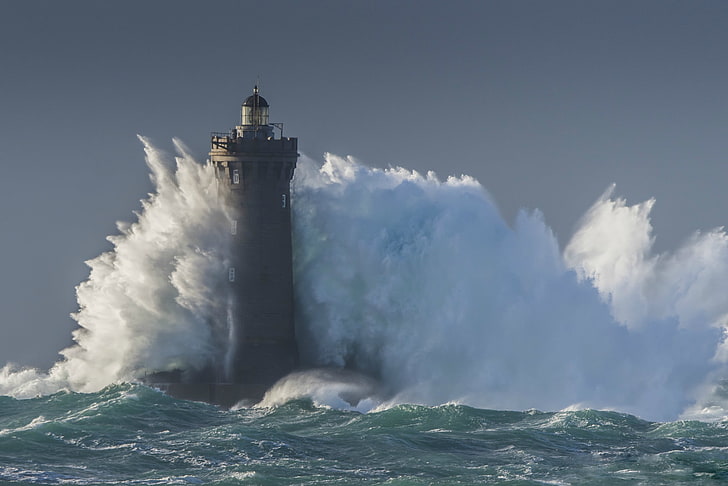 gray lighthouse, sea, storm, wave, lighthouse, blue, HD wallpaper