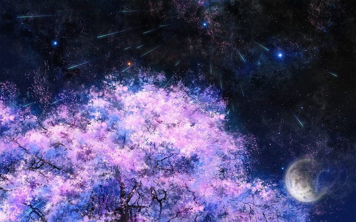 Art painting, cherry trees, space, meteor shower, Art, Painting, Cherry, Trees, Space, Meteor, Shower, HD wallpaper