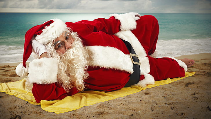 santa claus, towel, beach, sea, australia, christmas holiday, christmas holidays, xmas, christmas, seashore, beard, HD wallpaper