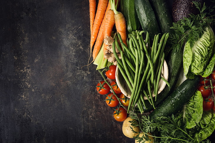 еда, овощи, огурцы, морковь, помидоры, HD обои