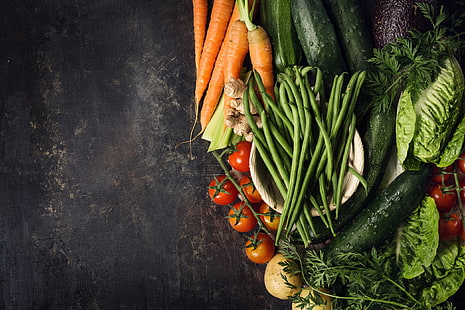 еда, овощи, огурцы, морковь, помидоры, HD обои HD wallpaper