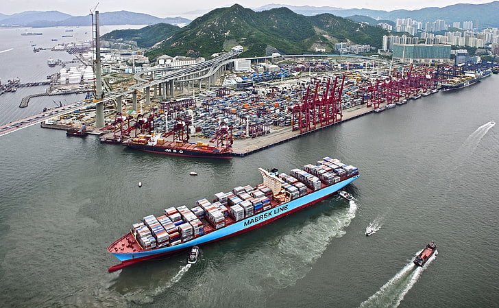 Пристанище, отгоре, корабът, линия, товар, контейнеровоз, терминал, контейнер, Maersk, Maersk Line, лодки, Busiri, HD тапет