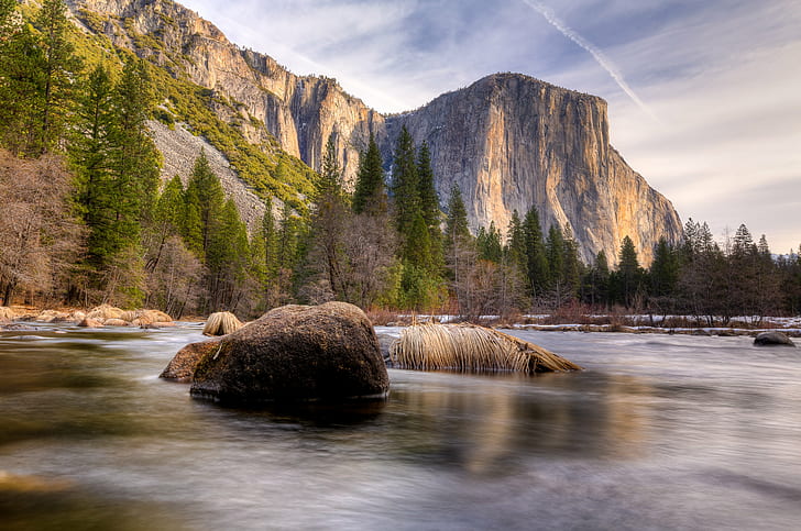 Yosemite - El Capitan from Valley View, yosemite, el capitan, valley view, Yosemite, El Capitan, Valley View, Gates, HDR, Merced, Morning, Reflection, River, Sunrise, View, Winter, mountain, YOSEMITE NATIONAL PARK, United States, nature, landscape, scenics, rock - Object, water, outdoors, forest, beauty In Nature, waterfall, tree, HD wallpaper