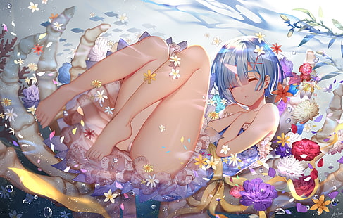 re zero starting life in another world, rem, flowers, dress, petals, sleeping, Anime, HD wallpaper HD wallpaper
