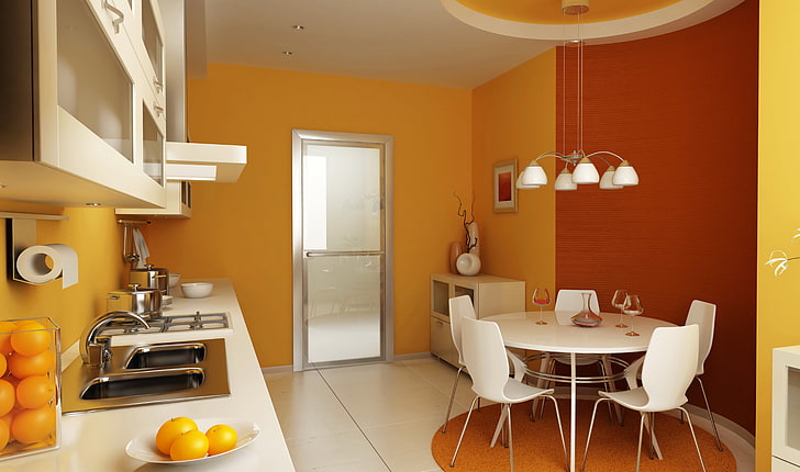 round white wooden 6-seat dining set, design, room, interior, kitchen, HD wallpaper