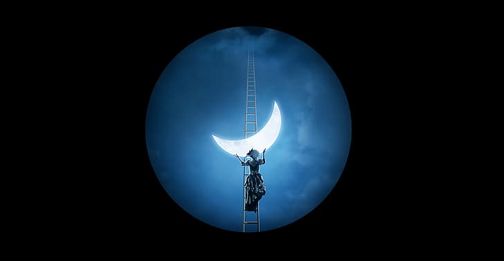 nuages, fantaisie, fond noir, dame, la lune, escalier vers le ciel, девушка держит месяц, взгляд в телескоп, Fond d'écran HD