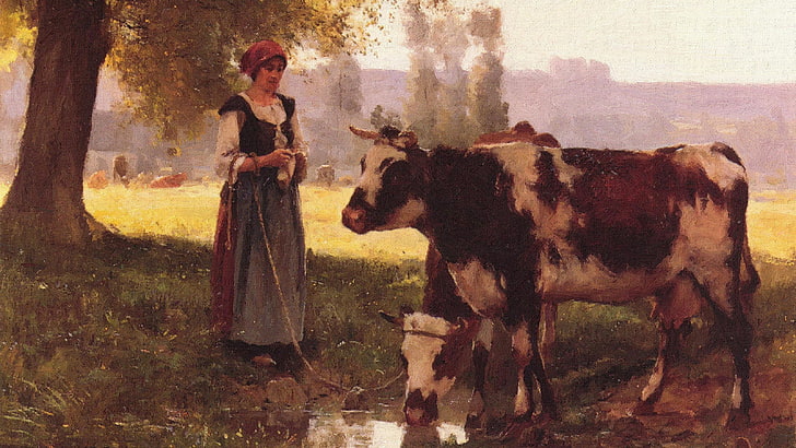 woman standing in front of cow painting, painting, cow, farm, artwork, classic art, peasants, HD wallpaper